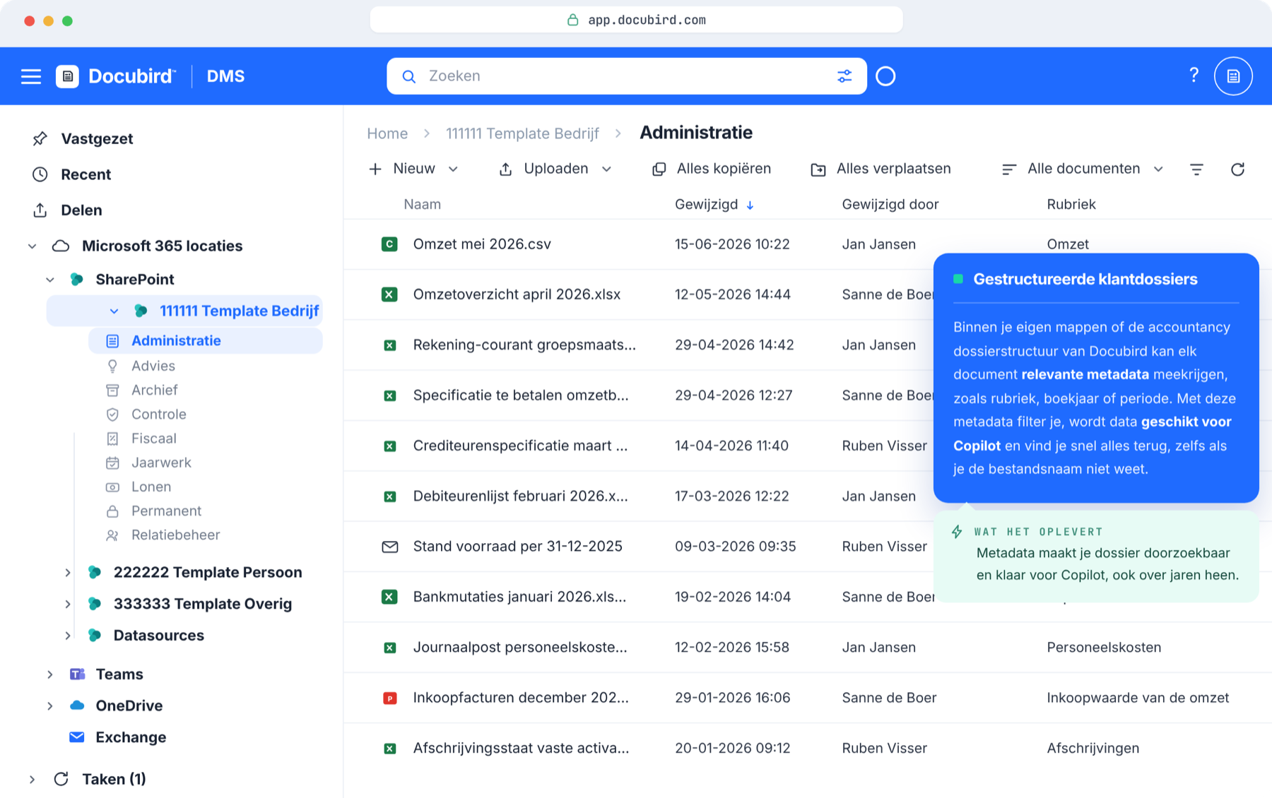 Docubird DMS: het klantdossier in SharePoint, met metadata in kolommen