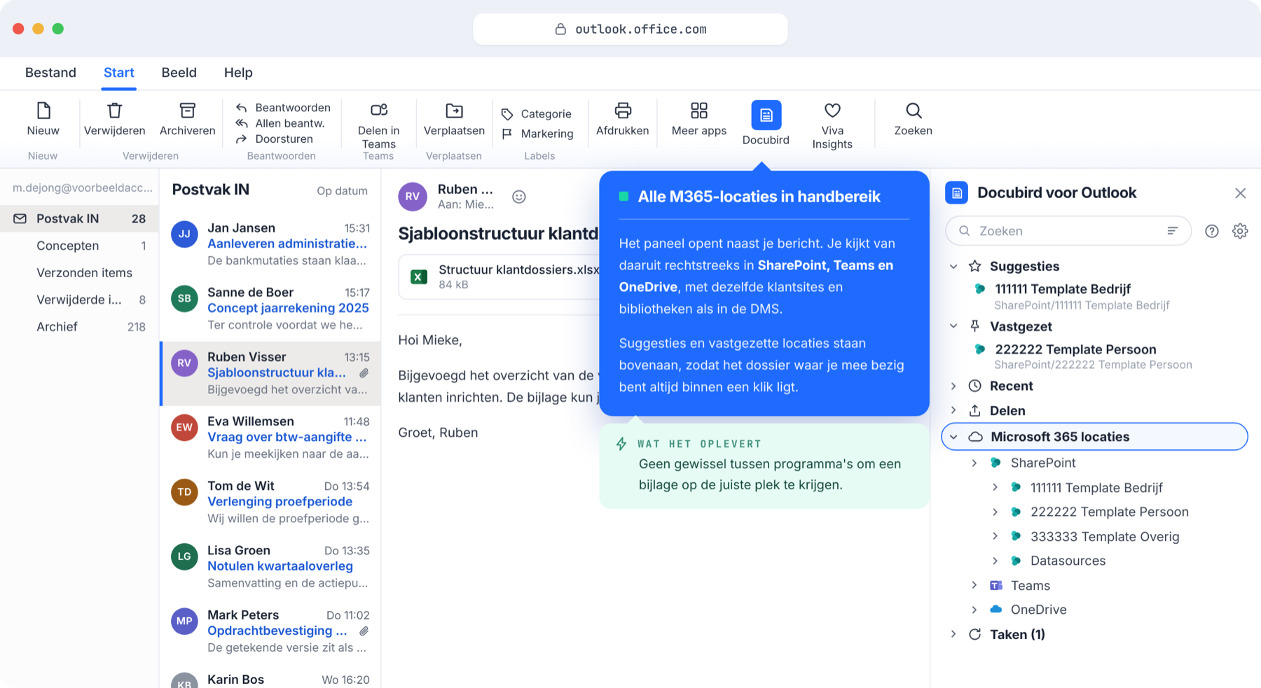 Docubird voor Outlook: het paneel naast je mail, met je Microsoft 365-locaties